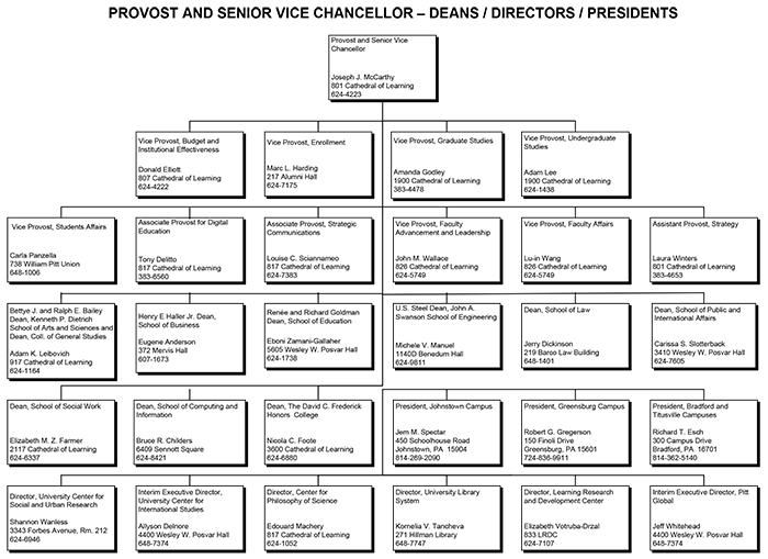 Provost and Senior Vice Chancellor - Deans, Directors, Presidents organizational flowchart; text included below.