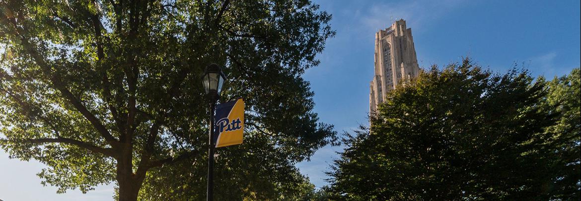 Cathedral of Learning behind trees on sunny day.