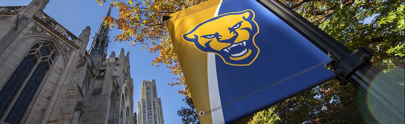 Pitt Panther banner outside Cathedral of Learning